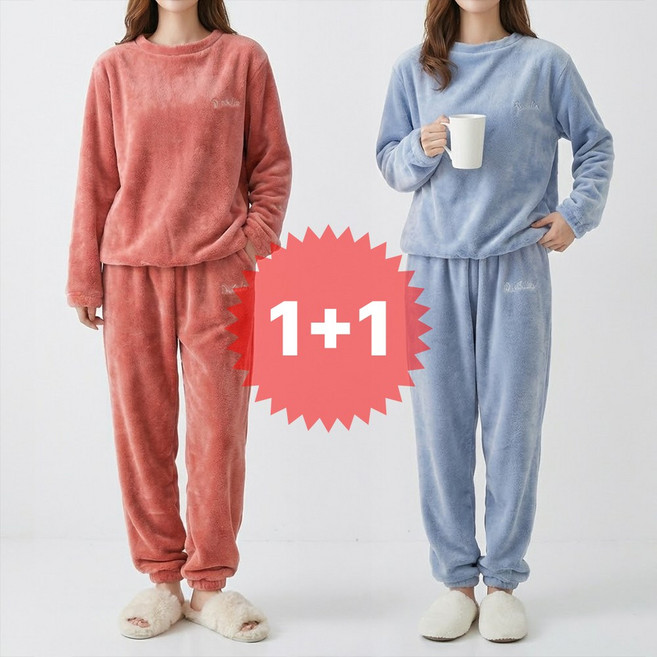 지디오 여성 투피스 수면 잠옷 2개 세트 극세사 파자마 벨벳 루즈핏 긴팔 티셔츠 밴딩 바지 따뜻한 겨울 홈웨어