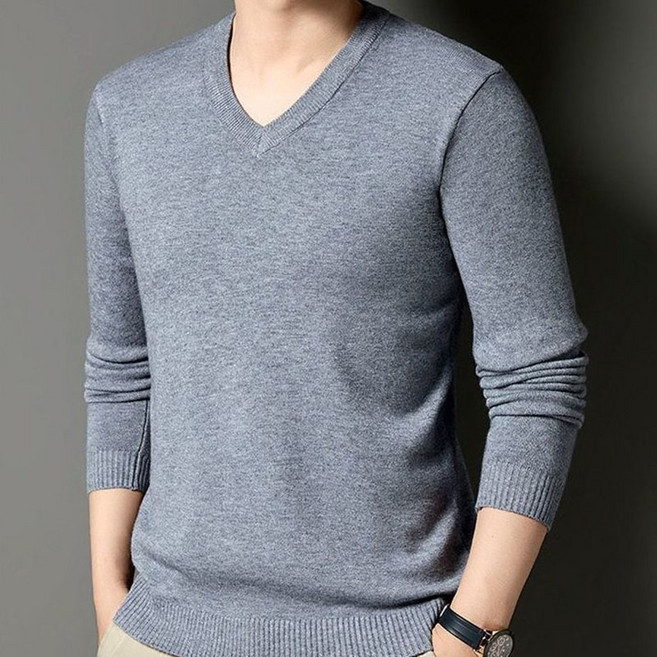 AOKADA 남성 봄 가을 브이넥 긴팔 니트 티셔츠 무지 스웨터 데일리룩