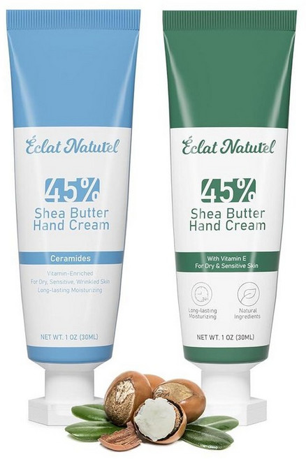 ÉCLAT NATUREL 시어 버터 핸드 크림 45% 버터와 비타민 E 모이스처라이저로 제작 딥 모이스처라이징 드라이 미니 로션 여행용 사이즈 29.6ml 1온스 1팩 221, Vitamin E & Ceramides