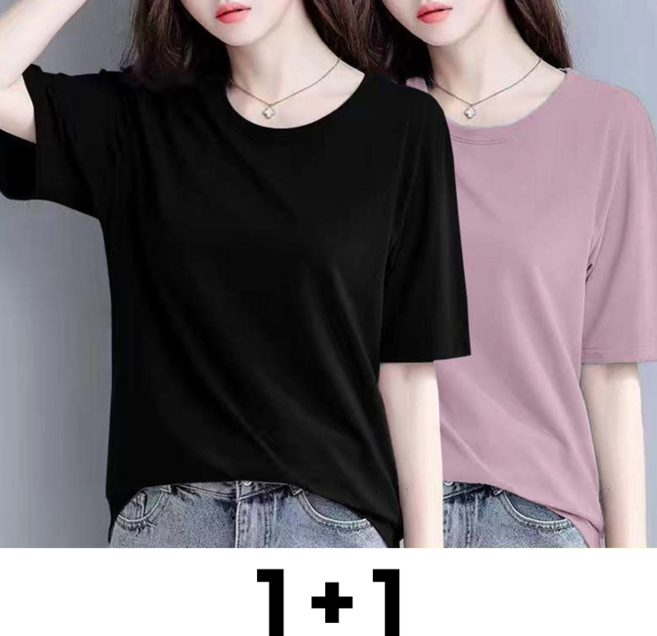 메인워크 1+1 중년 여성 빅사이즈 라운드넥 반팔 티셔츠 여름용 엄마룩 모달 루즈핏 아이스 레깅스 슬림핏 아우터 상의 2매입