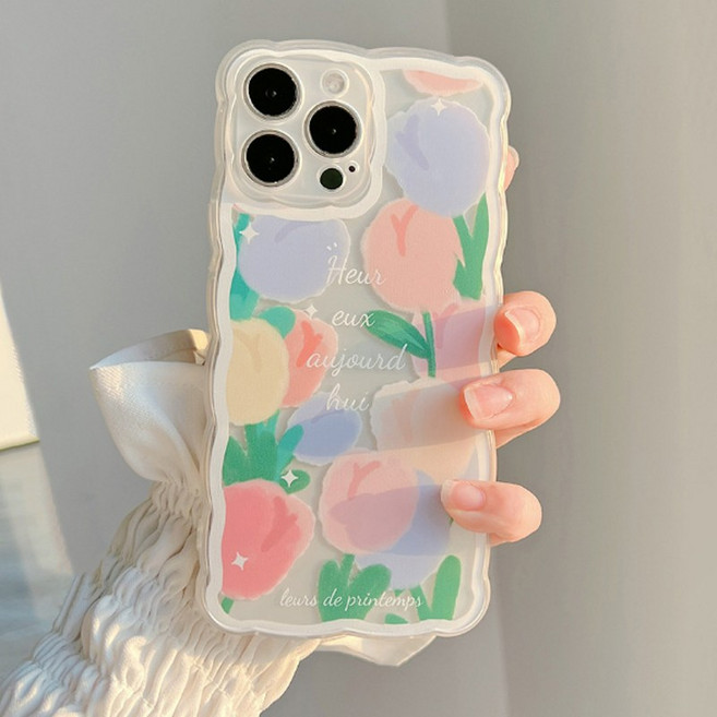 핫티몰 알록달록 파스텔 튤립 꽃밭 프린팅 투명 젤리 휴대폰 케이스