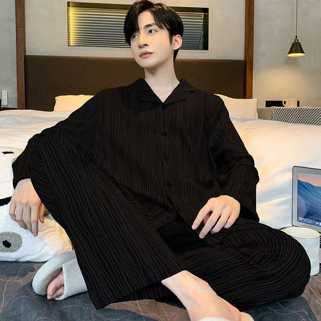 남성 플리츠 파자마 세트 찰랑거리는 루즈핏 긴팔 홈웨어 잠옷 FvaBzon