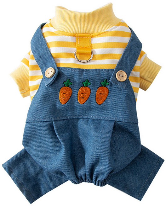 강아지청멜빵바지 스트라이프 면티레이어 애견용신제품, 1개, 노랑색