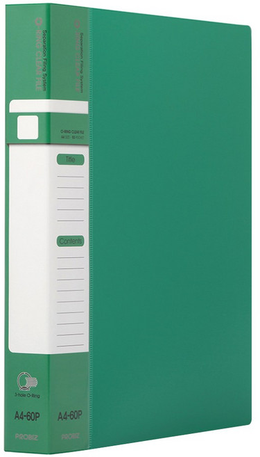 프로비즈 3공 O링 클리어파일 바인더화일 60매, 1개, 그린