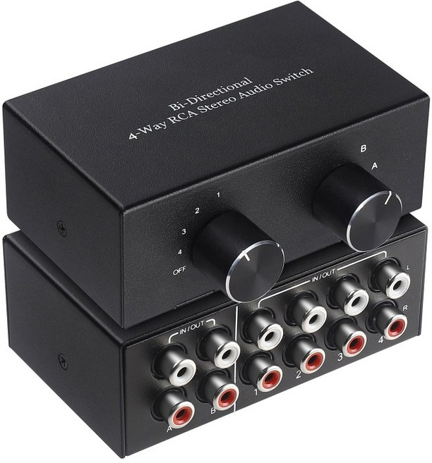 4Way 양방향 RCA 스테레오 오디오 스위치 2 in 4 out 또는 4 in 2 out L/R 잭 사운드 채널 RCA 오디오 스위처 셀렉터, 1) 블랙, 1) Black