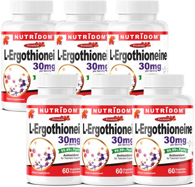 뉴트리돔 캐나다 L-에르고티오네인 30mg 99.99% 고순도 강력 항산화 L-Ergothioneine 60식물성캡슐 캐나다직구, 6개, 60정