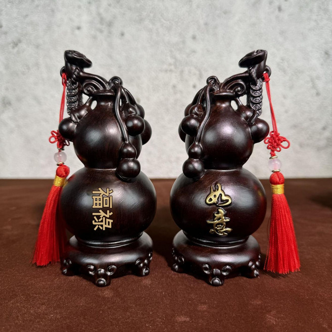 福祿如意葫蘆木雕擺件, 黑檀精雕 福祿如意葫蘆 一對
