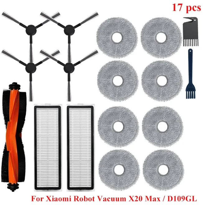 샤오미 로봇 청소기 X20 Max/D109GL 로봇 청소기 부품 메인 브러시 HEPA 필터 패드 먼지 봉투 사이드 브러, 19 17PCS