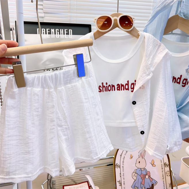 여아용 바람막이 시스루 가디건 민소매 티셔츠 반바지 3종 세트 편한룩 나들이