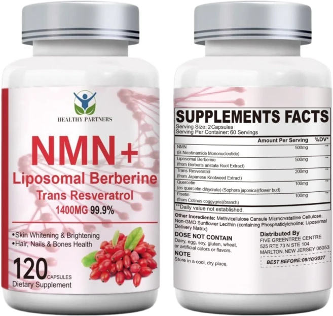 HEALTHY PARTNERS NMN+리포조말 베르베린 트랜스 레스베라트롤 피세틴 퀘르세틴 1400mg 고순도 99.9% 니코틴아미드 NAD, 1개, 120정 - 쿠팡