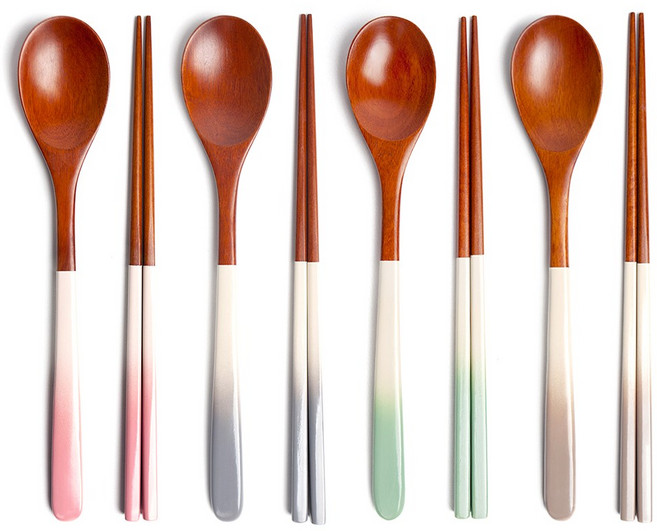숨쉬는나무 자체제작 그라데이션 물방울 옻칠 나무수저 4인세트, 혼합(핑크+블루+그린+모카), 1세트, 4인수저세트