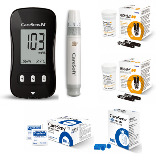 케어센스N 혈당측정기 풀세트 (기계세트+시험지110매+침110개+솜100매+건전지+파우치+채혈기+당뇨수첩) elevee, 1개