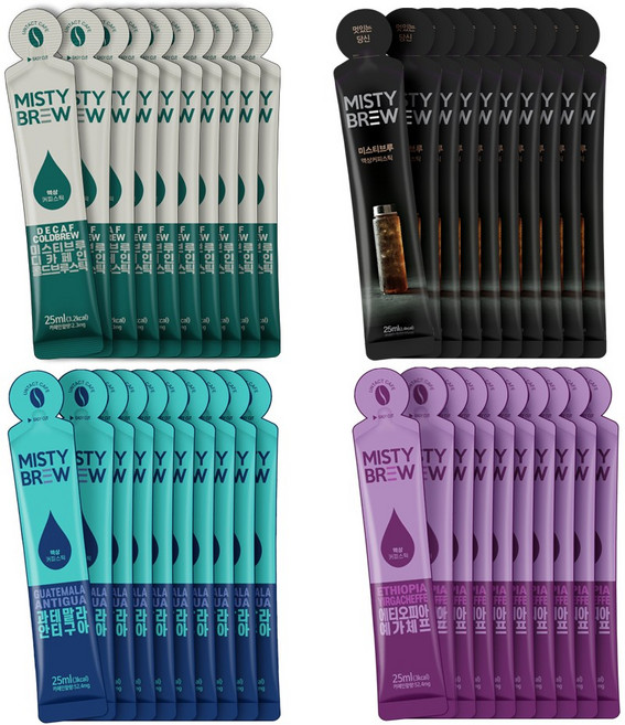 미스티브루 스틱4종 콜드브루 액상스틱 더치커피 커피원액(25ml x 40개입), 25ml, 40개입, 1세트, D상품(디캐프10/콜롬10/과테10/예가10)