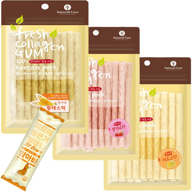 네츄럴코어 애견껌 콜라겐스틱 20Px3개 + 덴탈껌1P, 300g, 1세트, 황태+치즈+딸기20P x 3개+덴탈껌1P