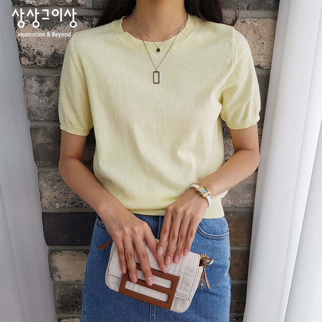 상상그이상 여성용 코튼 올슨 라운드넥 반팔니트 파스텔 11가지컬러 가볍게 입기좋은 간절기 니트 시원한 데일리 얇은 쿨니트 신축성좋은 무지니트