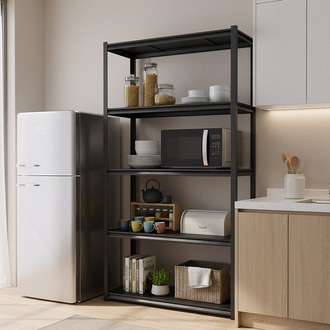 체인지업 5단 철제선반 주방 수납장 전자레인지 선반 베란다선반 조립식 다용도 정리 수납 진열, 검정