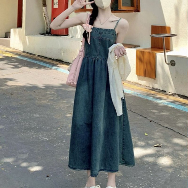 韓版吊帶牛仔連衣裙 時尚氣質小眾設計感慵懶風休閒裙, XL（建議57.5-65.0公斤）