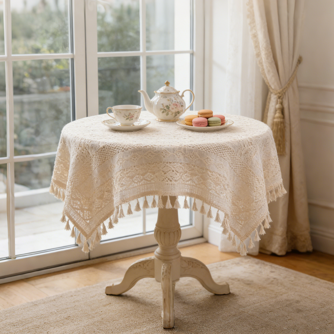 레트로 펀칭 레이스 테이블보 크로쉐 소품 ins풍 식탁보 거실 카페 테이블보, 1개, 95 x 95 cm, 베이지