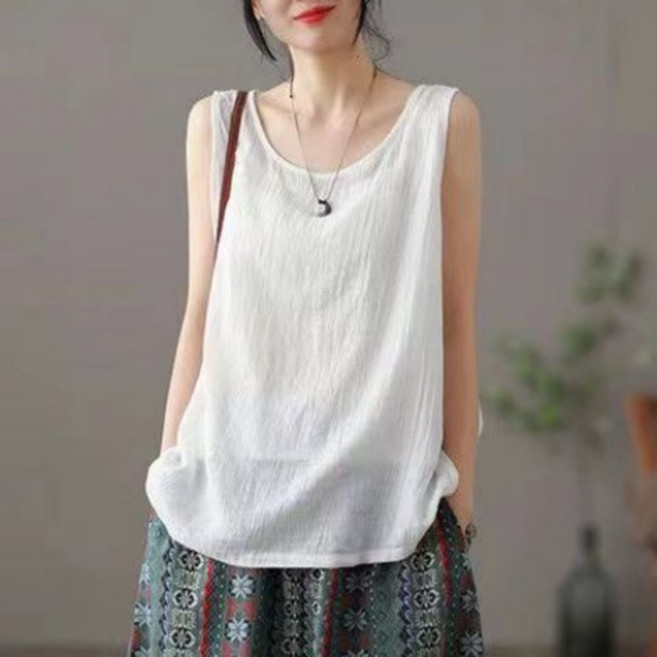 Makone 여성 린넨 나시 블라우스 루즈핏 이너 심플 민소매 티