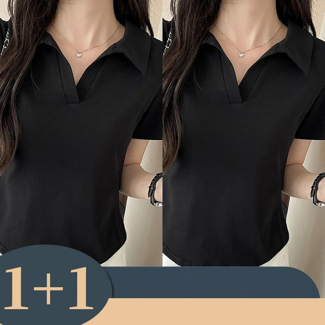 1+1 여성 폴로넥 반팔 티셔츠 봄 여름 캐주얼 시크룩 셔츠 상의 심플 슬림핏 여자 카라넥 반팔티 SJS
