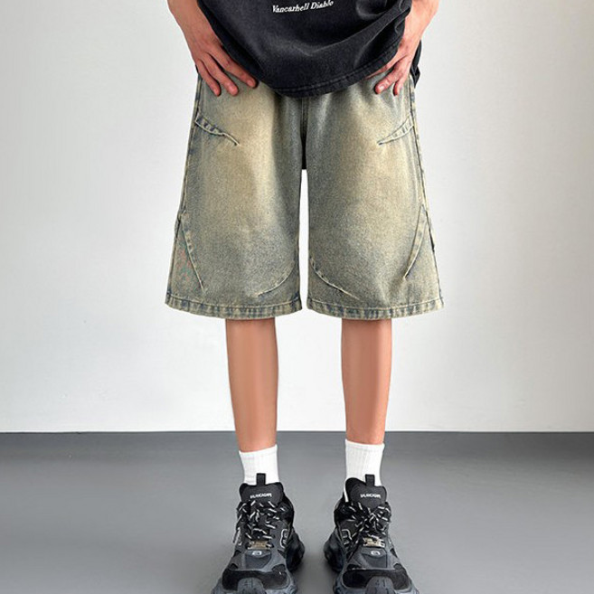 사선 절개 디테일 워싱 데님 반바지 MJ1463