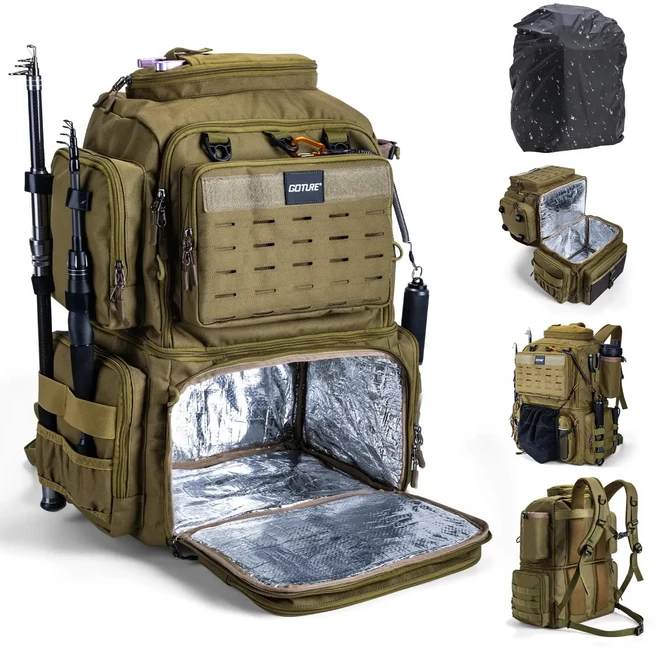 고투어 방수 낚시 배낭 경량 대형 하이킹 사냥 낚싯대 홀더 조절 가능한 태클 보관 팩, 08 Brown 55x36x23cm