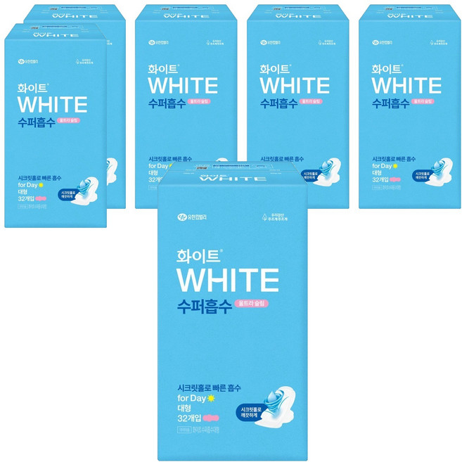 화이트 수퍼흡수 울트라슬림 생리대 날개형, 대형, 32개입, 6개