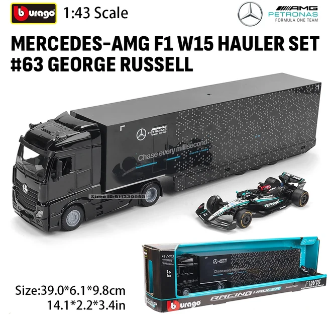 부라고 1:43 페라리 SF24 2024 F1 트럭 세트 # 16 CHARLES LECLERC MERCEDESAMG W15 합금 고급 자동차 다, 01 143 2024 W1563