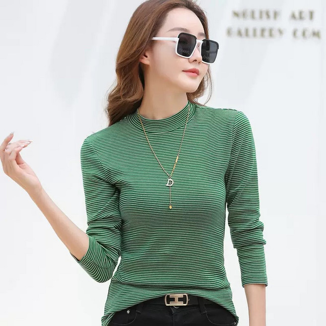 여성 보온 내의 스트라이프 긴팔 티셔츠 봄가 겨울 따뜻한 이너웨어 슬림핏 패션 기본 데일리 캐중얼 상의