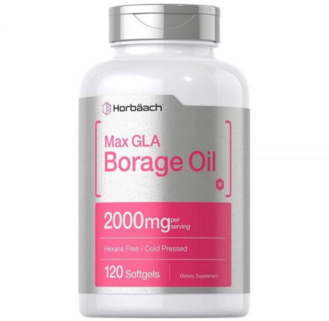 Horbäach Borage 오일 캡슐 2000mg | 소프트젤 120개 | GLA 320mg | 냉압착 씨앗 오일 보충제, 1개, 120