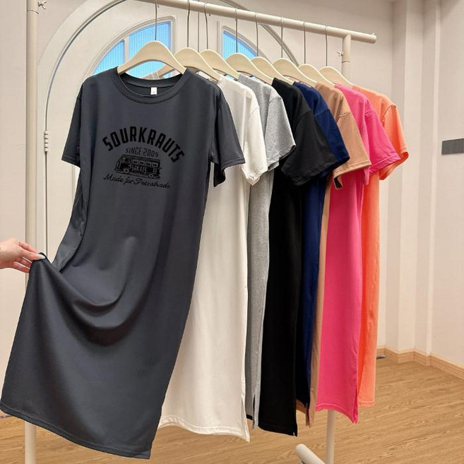 仿棉牛奶絲長版T恤連衣裙 寬鬆顯瘦過膝裙, 深灰色,4XL