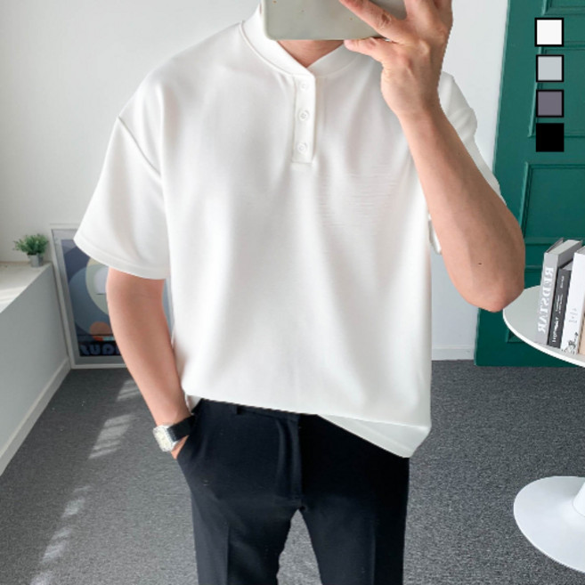 놈시크 남자 여름 헨리넥 반팔티 링클프리 스판 남성티셔츠