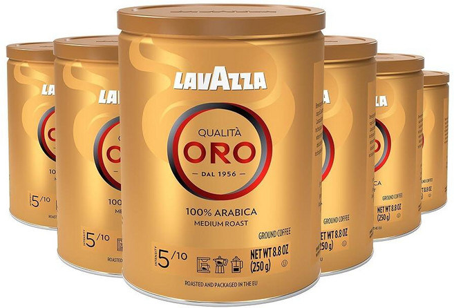 Lavazza 퀄리타 오로 그라운드 커피 블렌드 미디엄 로스트 8.8온스 6개 팩 이탈리아 논GMO 스위트 아로마 플레이버 풀바디, 250g