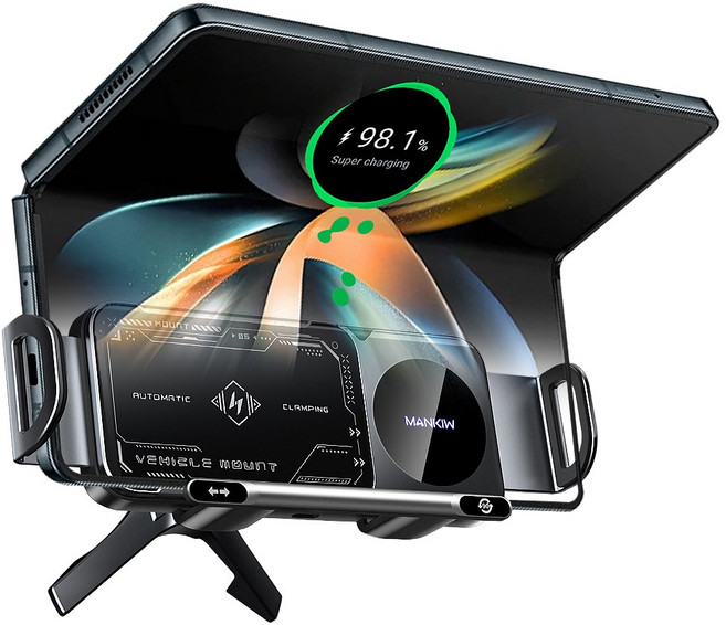 Mankiw맨큐 차량용 고속 무선충전기 갤럭시 Z플립 폴드폰 호환 송풍구형 거치대, 블랙, 1개