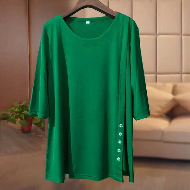 중년 여성 반팔 티셔츠 봄 여름 엄마옷 빅사이즈 패션 라운드넥 티셔츠 캐주얼 루즈핏 5부 소매 상의 WMY