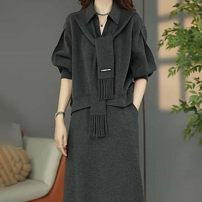 TKX 봄 가을 여성 니트 투피스 세트 심플 스커트 오버사이즈 고급 오피스 출근룩