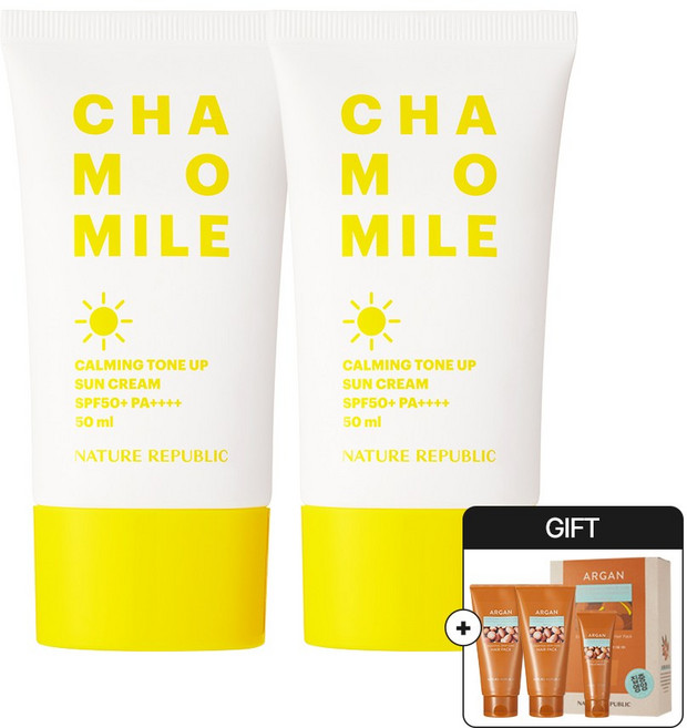 네이처리퍼블릭 캐모마일 카밍 톤업 선크림 SPF 50+PA++++ 2개 + [증정] 헤어팩 더블세트, 단일옵션 PK2373