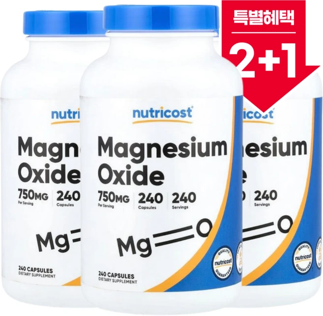 [2+1] 뉴트리코스트 산화 마그네슘 Magnesium Oxide 750mg 캡슐 240정 / 해외직구 미국정품, 3개 - 쿠팡