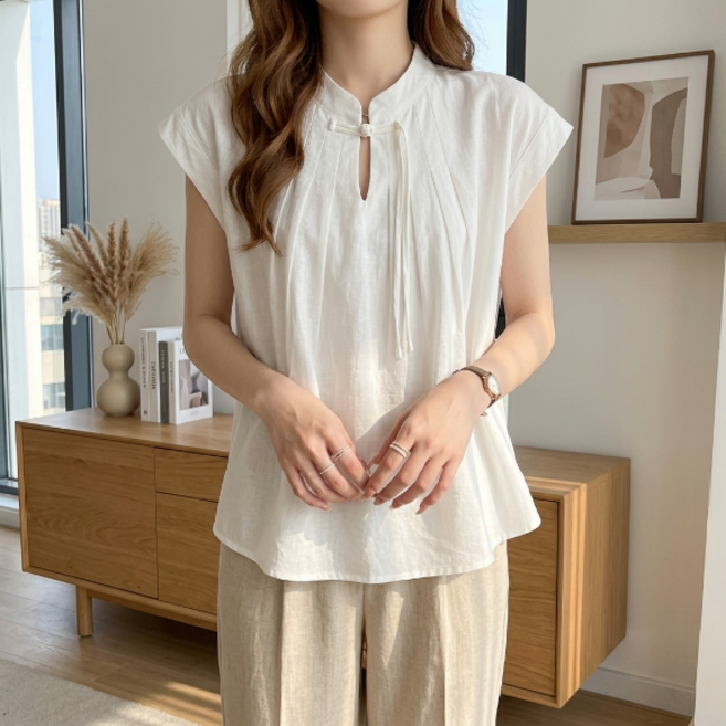 Timepure 여성 여름 빈티지 린넨 루즈핏 반소매 블라우스 찰랑이는 가벼운 셔츠 차이나카라 셔링 핀턱 하객룩 오피스룩 상의
