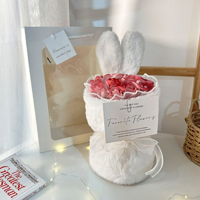 유니팡 귀여운 토끼 모양 비누 장미 꽃다발, 1개, 화이트 핑크