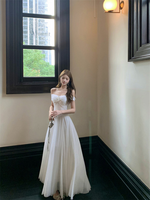 韓風絕美白月光抹胸禮服 氣質洋裝高階收腰顯瘦長裙 質感網紗大擺連衣裙, 白色（有胸墊）,L