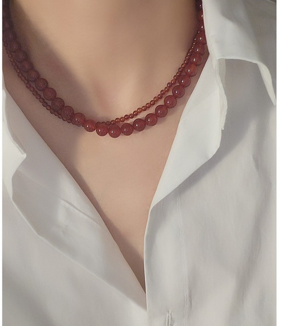 천연 레드 자만옥 원석 비즈 써지컬 목걸이 516