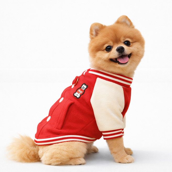 강아지 기모 일체형 하네스 곰돌이 야구점퍼 옷, 1개, 레드베어