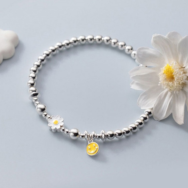 에르모사제이 W065 실버 925 스프링 데이지 플라워 스마일 참 밴딩 은볼 은 팔찌