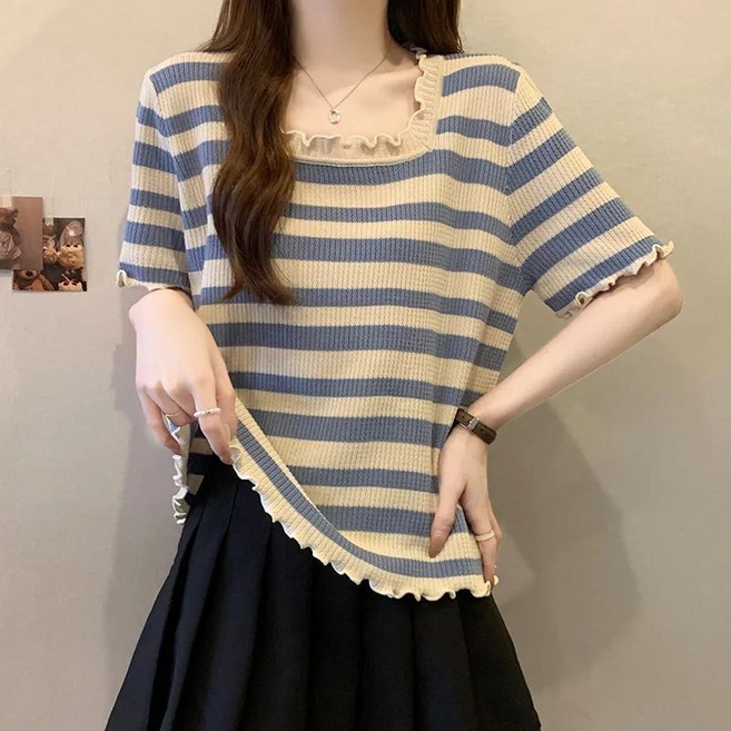 FINE ART 여성 스트라이프 반팔티 스트라이프 탑 루즈핏 롱티 빅사이즈 스퀘어넥 티