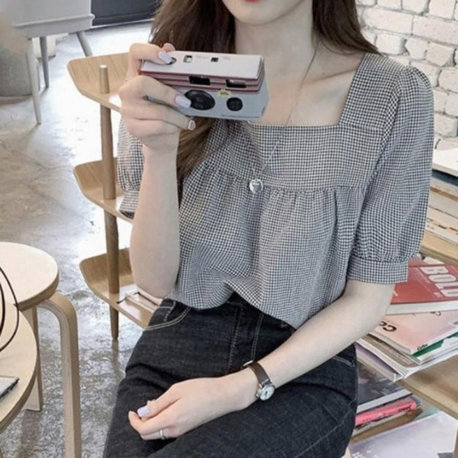 셔링 여성스러운 어깨 블라우스 반팔셔츠 티 스퀘어넥