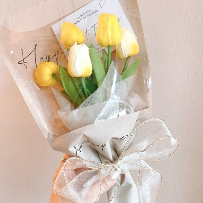 有感選物 韓系仿真鬱金香花束 附贈提袋 節慶禮物 多色可選, 卡其袋大束鬱金香-淺黃, 1個