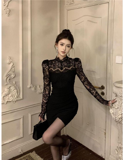 칩썬데이 여성 섹시 하프 하이넥 긴팔 레이스 패치워크 원피스 홀복