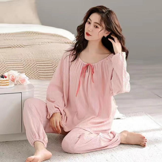 JIEVE 여성용 긴팔 면 소재 파자마 세트 넉넉한 핏 편안한 디자인 나비넥 장식