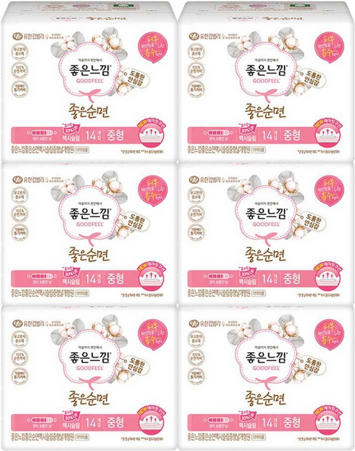 좋은느낌 좋은순면 맥시 날개 중형 생리대 14입x6개, 14개입, 6개